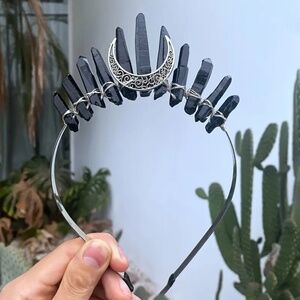 NIP! Genuine Black Dyed Quartz Crystal Crowns with Silver Tone Findings & Moon!